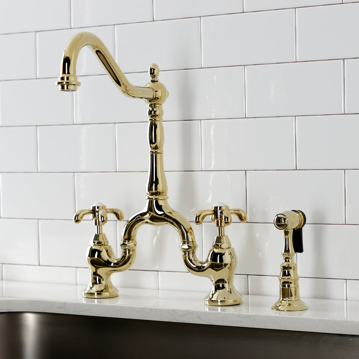 Kingston Heirloom KS7752TXBS - French Country Two-Handle 3-Hole Deck Mount Bridge Kitchen Faucet with Brass Sprayer, Polished Brass