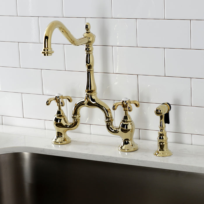 Kingston Heirloom KS7752TXBS - French Country Two-Handle 3-Hole Deck Mount Bridge Kitchen Faucet with Brass Sprayer, Polished Brass