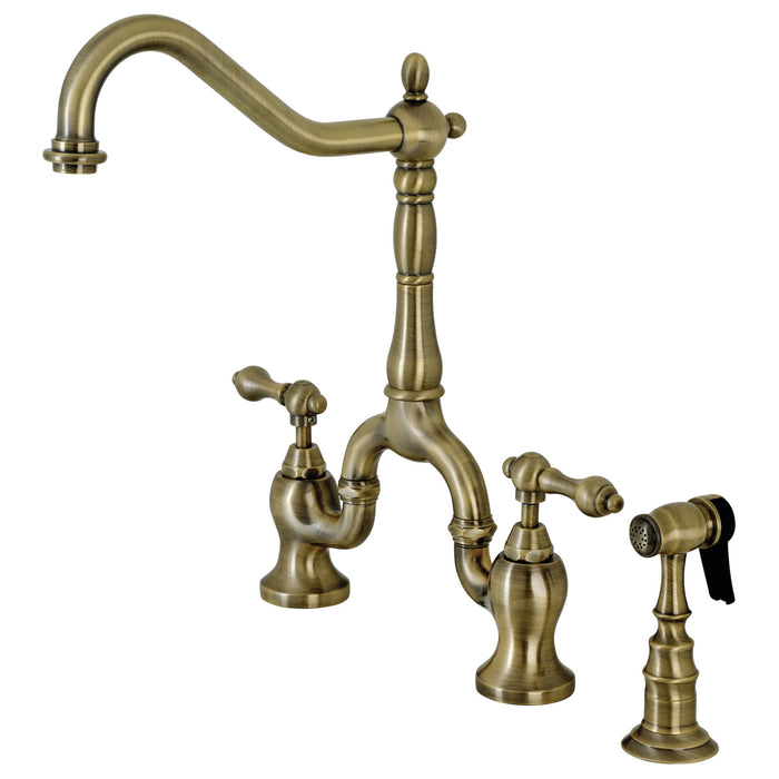 English Country KS7753ALBS Two-Handle 3-Hole Deck Mount Bridge Kitchen Faucet with Brass Sprayer, Antique Brass