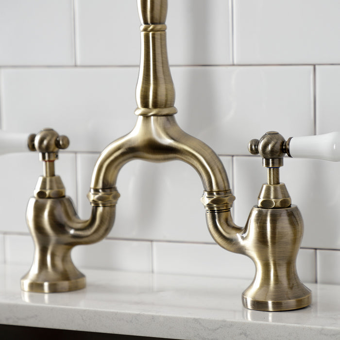 English Country KS7753PLBS Two-Handle 3-Hole Deck Mount Bridge Kitchen Faucet with Brass Sprayer, Antique Brass