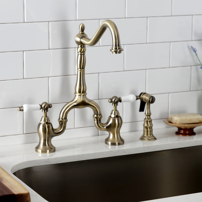 English Country KS7753PLBS Two-Handle 3-Hole Deck Mount Bridge Kitchen Faucet with Brass Sprayer, Antique Brass