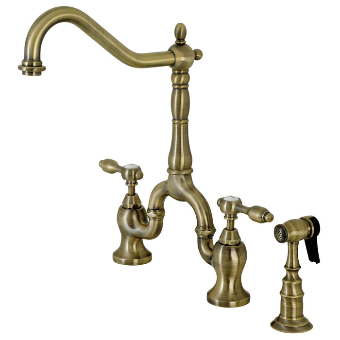 Tudor KS7753TALBS Two-Handle 3-Hole Deck Mount Bridge Kitchen Faucet with Brass Sprayer, Antique Brass