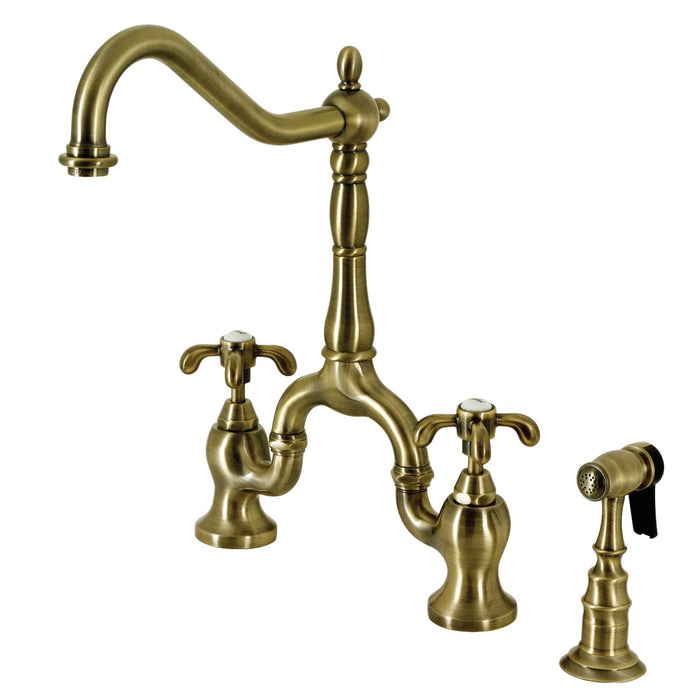 French Country KS7753TXBS Two-Handle 3-Hole Deck Mount Bridge Kitchen Faucet with Brass Sprayer, Antique Brass