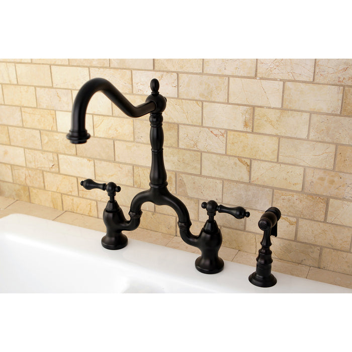 English Country KS7755ALBS Two-Handle 3-Hole Deck Mount Bridge Kitchen Faucet with Brass Sprayer, Oil Rubbed Bronze