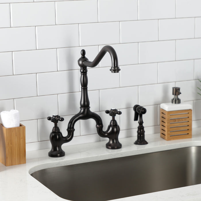 English Country KS7755AXBS Two-Handle 3-Hole Deck Mount Bridge Kitchen Faucet with Brass Sprayer, Oil Rubbed Bronze