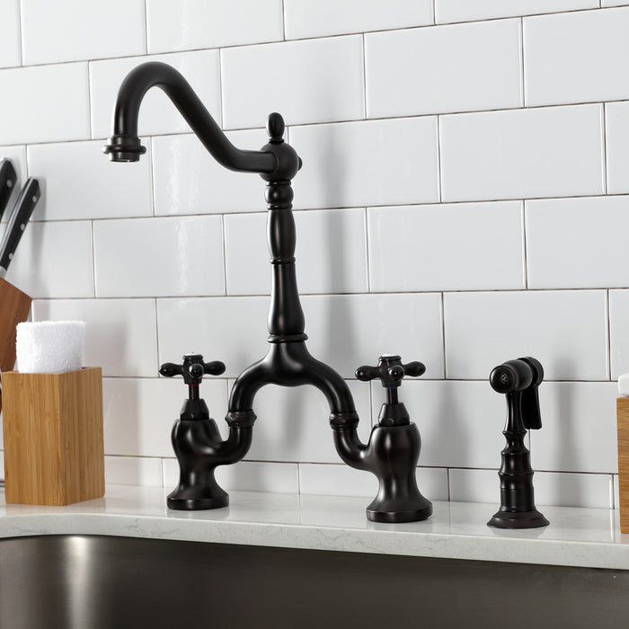 English Country KS7755AXBS Two-Handle 3-Hole Deck Mount Bridge Kitchen Faucet with Brass Sprayer, Oil Rubbed Bronze