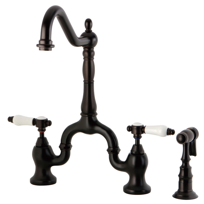 Bel-Air KS7755BPLBS Two-Handle 3-Hole Deck Mount Bridge Kitchen Faucet with Brass Sprayer, Oil Rubbed Bronze