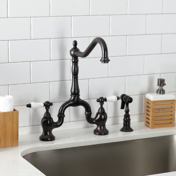 English Country KS7755PLBS Two-Handle 3-Hole Deck Mount Bridge Kitchen Faucet with Brass Sprayer, Oil Rubbed Bronze
