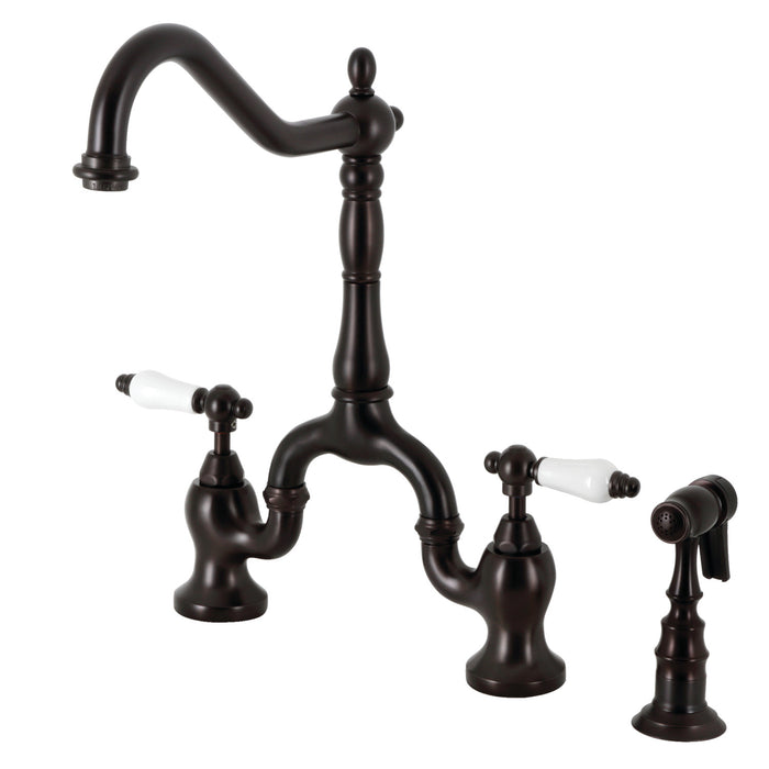 English Country KS7755PLBS Two-Handle 3-Hole Deck Mount Bridge Kitchen Faucet with Brass Sprayer, Oil Rubbed Bronze