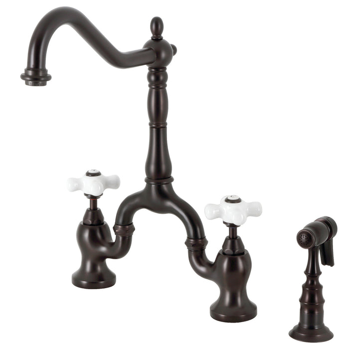 English Country KS7755PXBS Two-Handle 3-Hole Deck Mount Bridge Kitchen Faucet with Brass Sprayer, Oil Rubbed Bronze