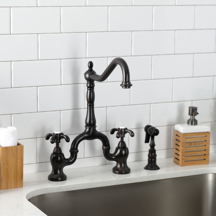 French Country KS7755TXBS Two-Handle 3-Hole Deck Mount Bridge Kitchen Faucet with Brass Sprayer, Oil Rubbed Bronze