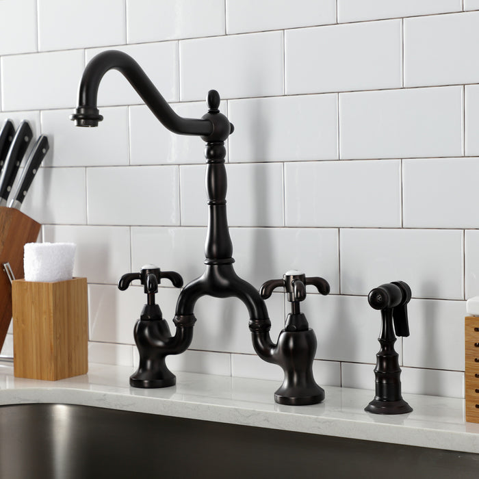 Kingston Heirloom KS7755TXBS - French Country Two-Handle 3-Hole Deck Mount Bridge Kitchen Faucet with Brass Sprayer, Oil Rubbed Bronze