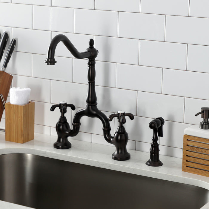 Kingston Heirloom KS7755TXBS - French Country Two-Handle 3-Hole Deck Mount Bridge Kitchen Faucet with Brass Sprayer, Oil Rubbed Bronze