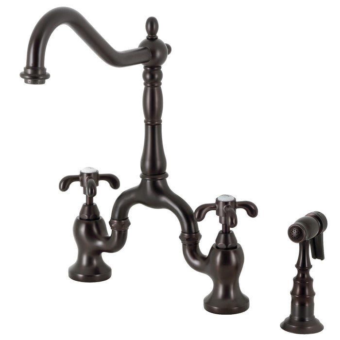 Kingston Heirloom KS7755TXBS - French Country Two-Handle 3-Hole Deck Mount Bridge Kitchen Faucet with Brass Sprayer, Oil Rubbed Bronze