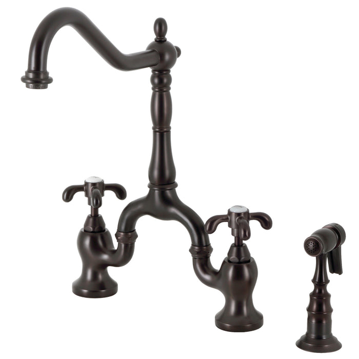French Country KS7755TXBS Two-Handle 3-Hole Deck Mount Bridge Kitchen Faucet with Brass Sprayer, Oil Rubbed Bronze