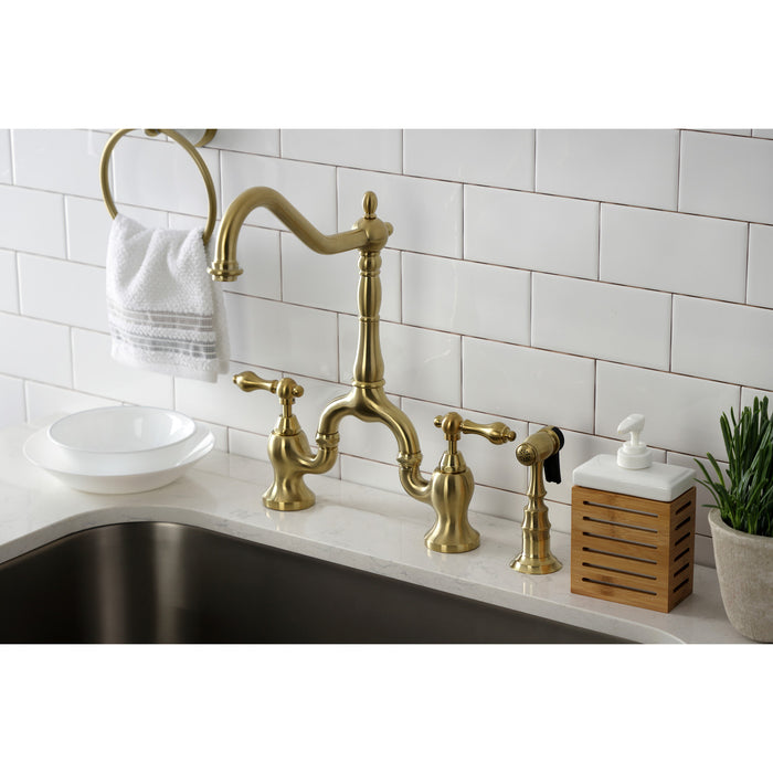 English Country KS7757ALBS Two-Handle 3-Hole Deck Mount Bridge Kitchen Faucet with Brass Sprayer, Brushed Brass