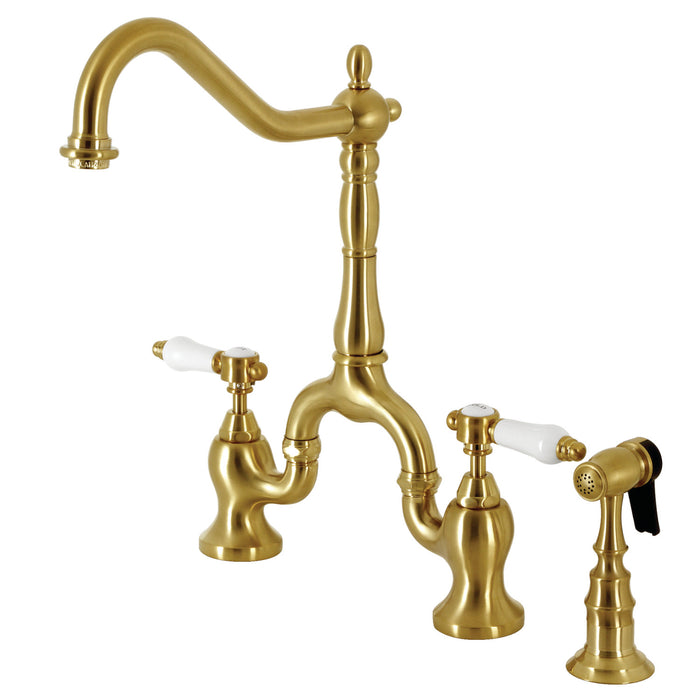 Bel-Air KS7757BPLBS Two-Handle 3-Hole Deck Mount Bridge Kitchen Faucet with Brass Sprayer, Brushed Brass