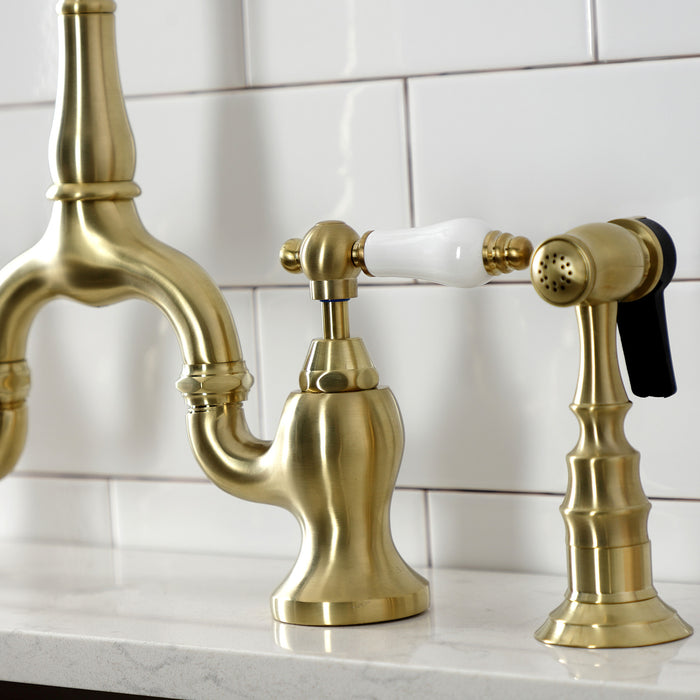 English Country KS7757PLBS Two-Handle 3-Hole Deck Mount Bridge Kitchen Faucet with Brass Sprayer, Brushed Brass