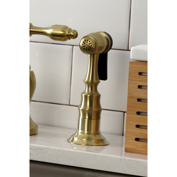 Tudor KS7757TALBS Two-Handle 3-Hole Deck Mount Bridge Kitchen Faucet with Brass Sprayer, Brushed Brass