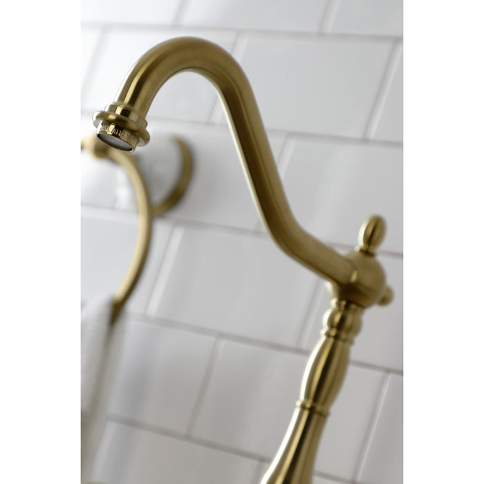 Tudor KS7757TALBS Two-Handle 3-Hole Deck Mount Bridge Kitchen Faucet with Brass Sprayer, Brushed Brass