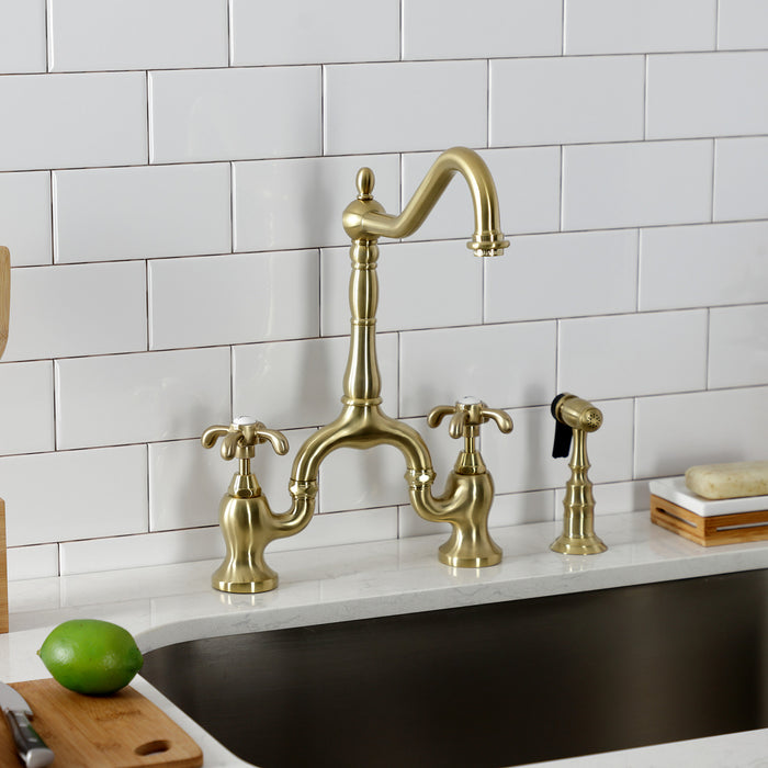 Kingston Heirloom KS7757TXBS - French Country Two-Handle 3-Hole Deck Mount Bridge Kitchen Faucet with Brass Sprayer, Brushed Brass