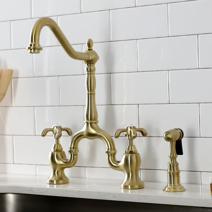 French Country KS7757TXBS Two-Handle 3-Hole Deck Mount Bridge Kitchen Faucet with Brass Sprayer, Brushed Brass