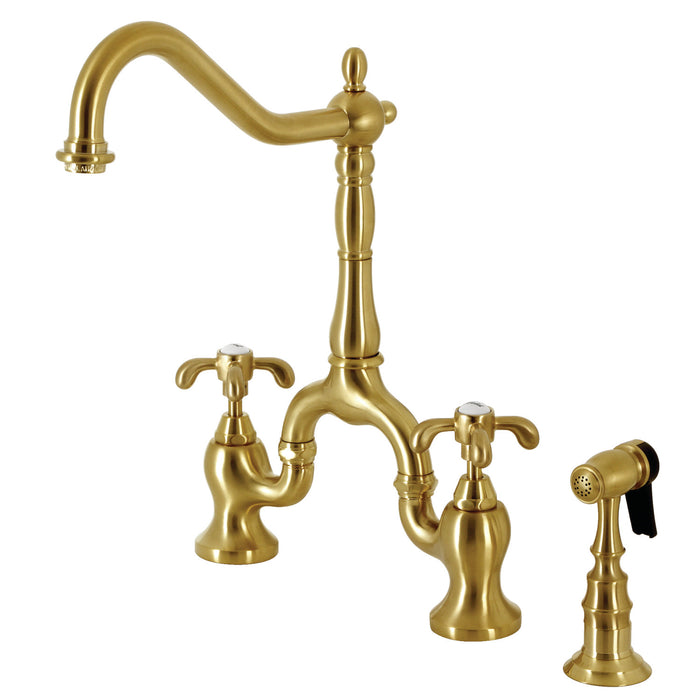 Kingston Heirloom KS7757TXBS - French Country Two-Handle 3-Hole Deck Mount Bridge Kitchen Faucet with Brass Sprayer, Brushed Brass