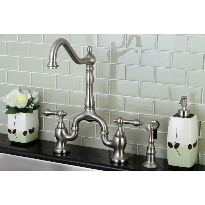English Country KS7758ALBS Two-Handle 3-Hole Deck Mount Bridge Kitchen Faucet with Brass Sprayer, Brushed Nickel