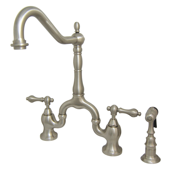 English Country KS7758ALBS Two-Handle 3-Hole Deck Mount Bridge Kitchen Faucet with Brass Sprayer, Brushed Nickel