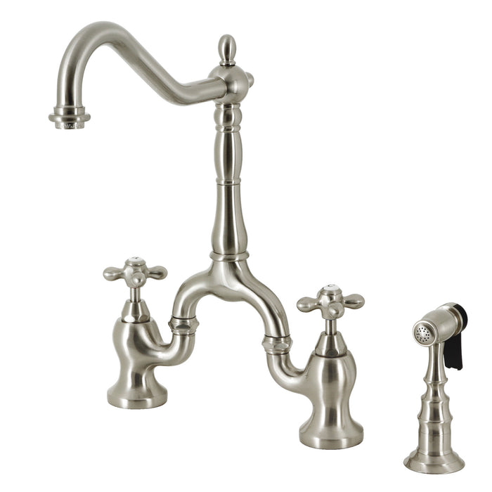 English Country KS7758AXBS Two-Handle 3-Hole Deck Mount Bridge Kitchen Faucet with Brass Sprayer, Brushed Nickel