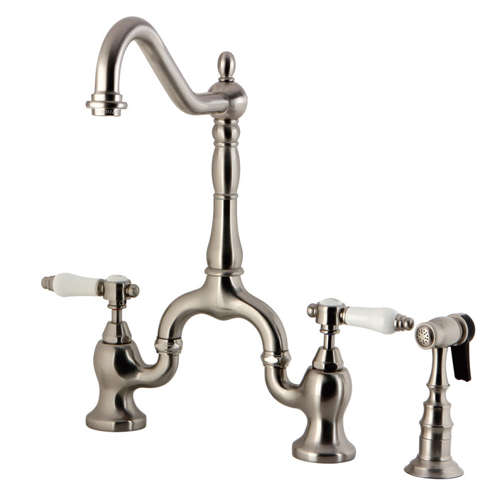 Bel-Air KS7758BPLBS Two-Handle 3-Hole Deck Mount Bridge Kitchen Faucet with Brass Sprayer, Brushed Nickel