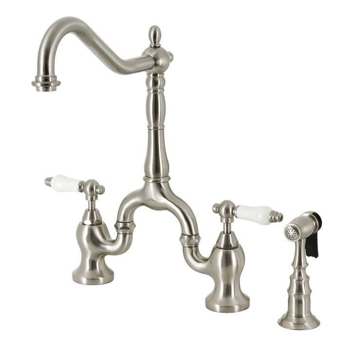 English Country KS7758PLBS Two-Handle 3-Hole Deck Mount Bridge Kitchen Faucet with Brass Sprayer, Brushed Nickel