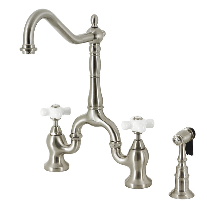 English Country KS7758PXBS Two-Handle 3-Hole Deck Mount Bridge Kitchen Faucet with Brass Sprayer, Brushed Nickel