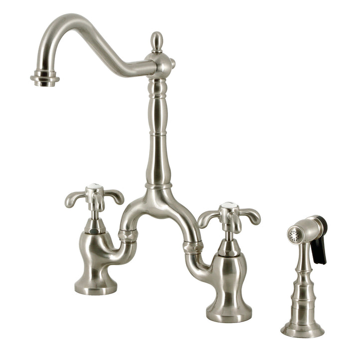 French Country KS7758TXBS Two-Handle 3-Hole Deck Mount Bridge Kitchen Faucet with Brass Sprayer, Brushed Nickel