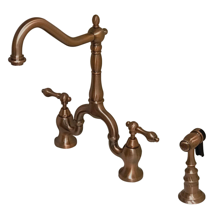 English Country KS775ALBSAC Two-Handle 3-Hole Deck Mount Bridge Kitchen Faucet with Brass Sprayer, Antique Copper