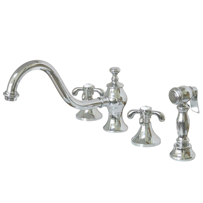 French Country KS7761TXBS Two-Handle 4-Hole Deck Mount Widespread Kitchen Faucet with Brass Sprayer, Polished Chrome