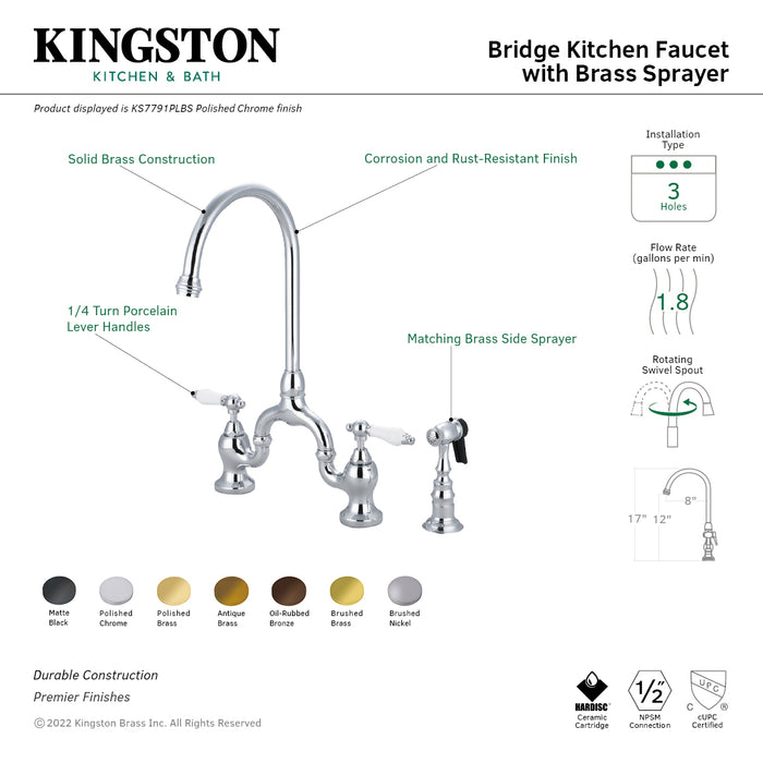 English Country KS7790PLBS Two-Handle 3-Hole Deck Mount Bridge Kitchen Faucet with Brass Sprayer, Matte Black