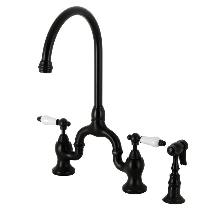 English Country KS7790PLBS Two-Handle 3-Hole Deck Mount Bridge Kitchen Faucet with Brass Sprayer, Matte Black
