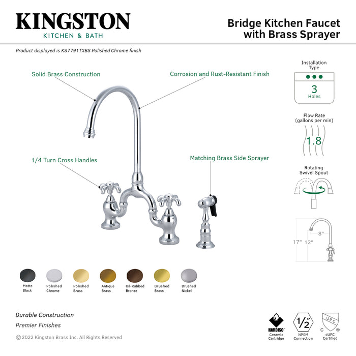 French Country KS7790TXBS Two-Handle 3-Hole Deck Mount Bridge Kitchen Faucet with Brass Sprayer, Matte Black