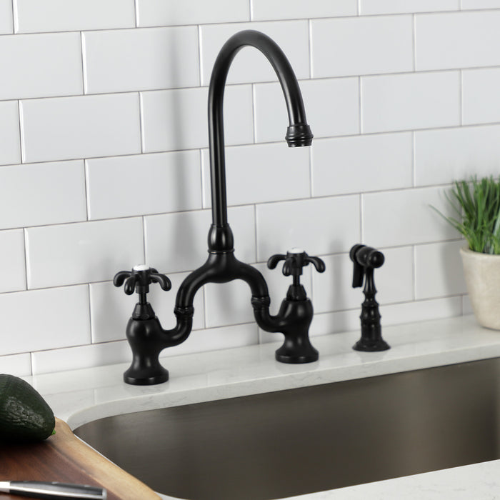 French Country KS7790TXBS Two-Handle 3-Hole Deck Mount Bridge Kitchen Faucet with Brass Sprayer, Matte Black