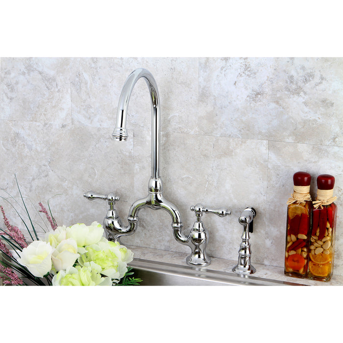 English Country KS7791ALBS Two-Handle 3-Hole Deck Mount Bridge Kitchen Faucet with Brass Sprayer, Polished Chrome