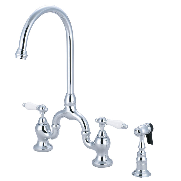 English Country KS7791PLBS Two-Handle 3-Hole Deck Mount Bridge Kitchen Faucet with Brass Sprayer, Polished Chrome