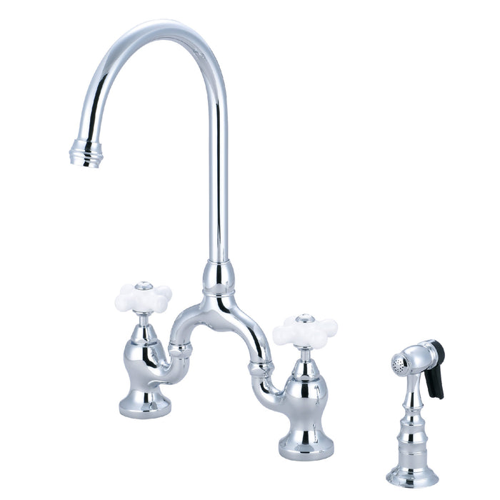 English Country KS7791PXBS Two-Handle 3-Hole Deck Mount Bridge Kitchen Faucet with Brass Sprayer, Polished Chrome