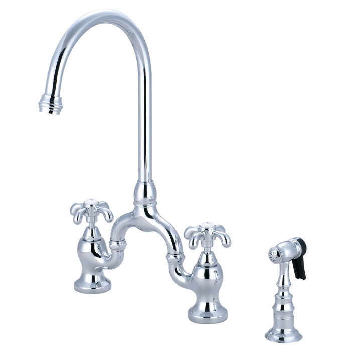 French Country KS7791TXBS Two-Handle 3-Hole Deck Mount Bridge Kitchen Faucet with Brass Sprayer, Polished Chrome