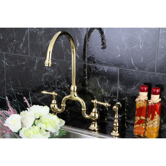 English Country KS7792ALBS Two-Handle 3-Hole Deck Mount Bridge Kitchen Faucet with Brass Sprayer, Polished Brass