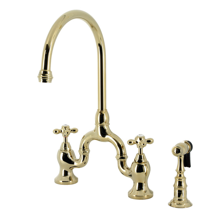 English Country KS7792AXBS Two-Handle 3-Hole Deck Mount Bridge Kitchen Faucet with Brass Sprayer, Polished Brass