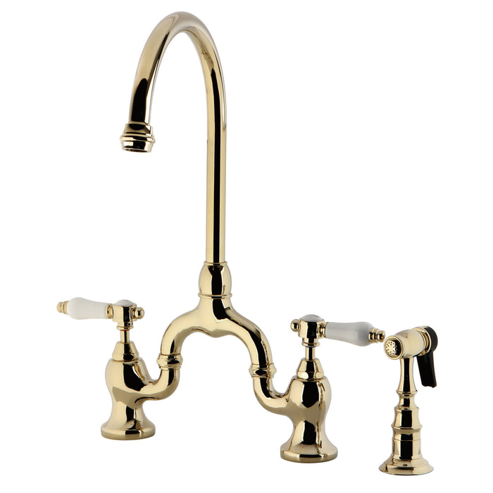 Bel-Air KS7792BPLBS Two-Handle 3-Hole Deck Mount Bridge Kitchen Faucet with Brass Sprayer, Polished Brass