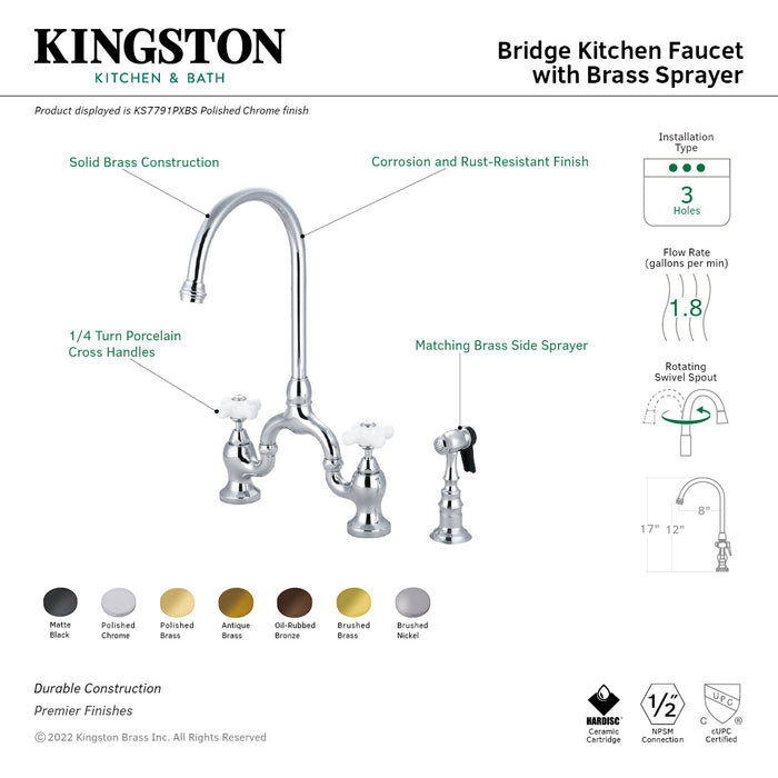 English Country KS7792PXBS Two-Handle 3-Hole Deck Mount Bridge Kitchen Faucet with Brass Sprayer, Polished Brass