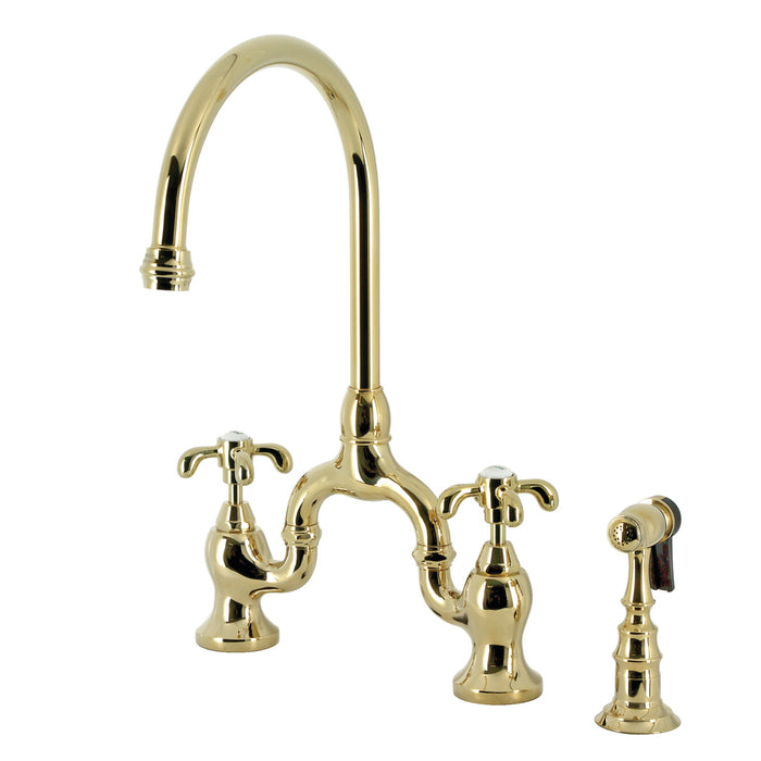 French Country KS7792TXBS Two-Handle 3-Hole Deck Mount Bridge Kitchen Faucet with Brass Sprayer, Polished Brass
