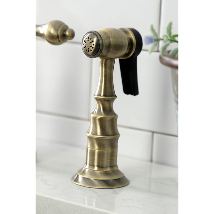 English Country KS7793ALBS Deck Mount Bridge Kitchen Faucet with Brass Sprayer, Antique Brass